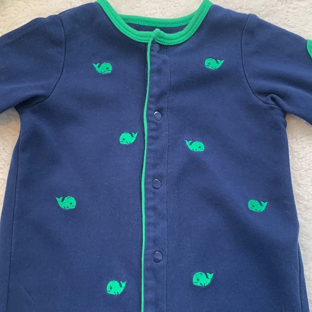 Little Me Navy Blue & Green Whale Footie 6M EUC